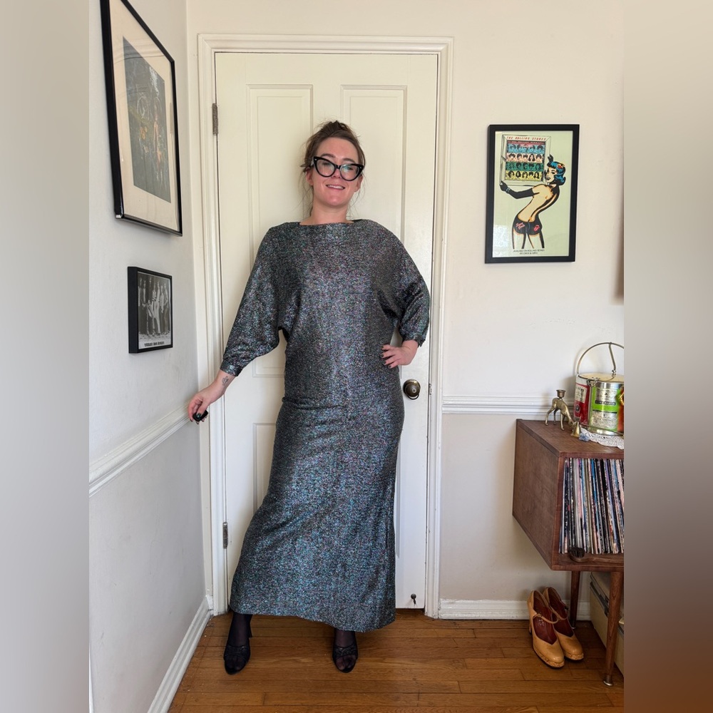 80s Vintage Maxi Length Batwing Sleeve Lurex Dress - Picture 1 of 9